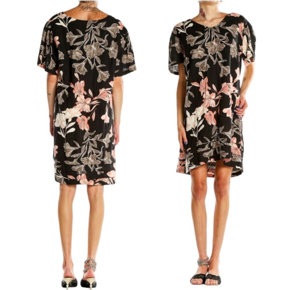 Nicole Miller Original black and pink floral linen midi dress size Medium B2